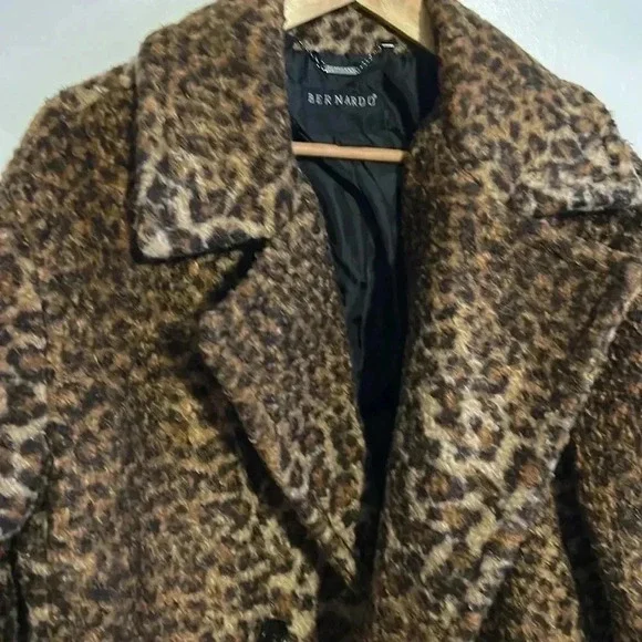 Bernardo Leopard Print Faux Fur Coat Teddy Jacket Oversized Pea Coat Womens - Picture 9 of 10